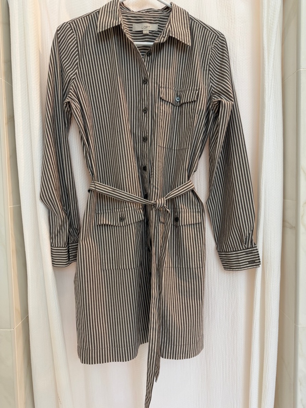 LOFT Brown and White Striped Shirt Dress with Belt